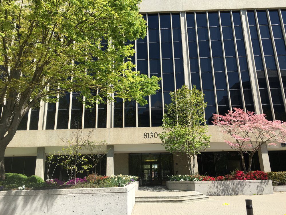 Entrance of a modern office building with trees and plants.